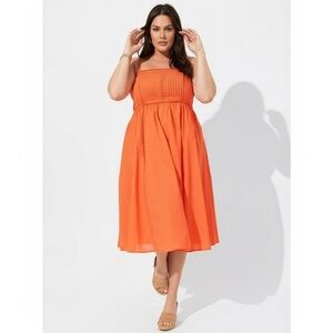 TORRID Midi Voile Pleated Bodice Sundress 100% Cotton lined Orange Sz 3X
